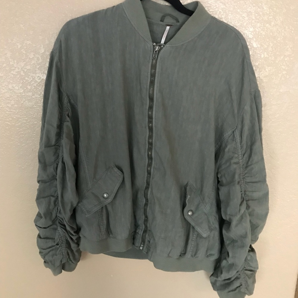 Linen rouched sage green bomber